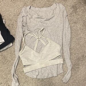 Lorna Jane Light Gray Long Sleeve and Strappy Crop Top Set